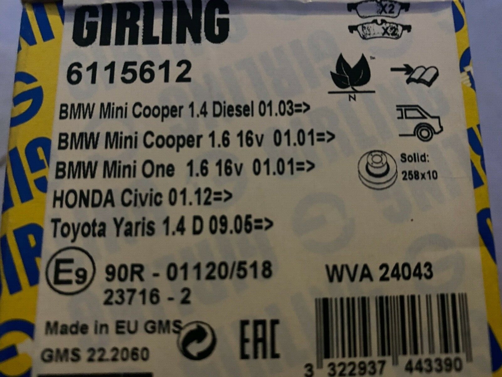 Girling 6115612 Rear Brake Pad Set fits BMW Honda Toyota