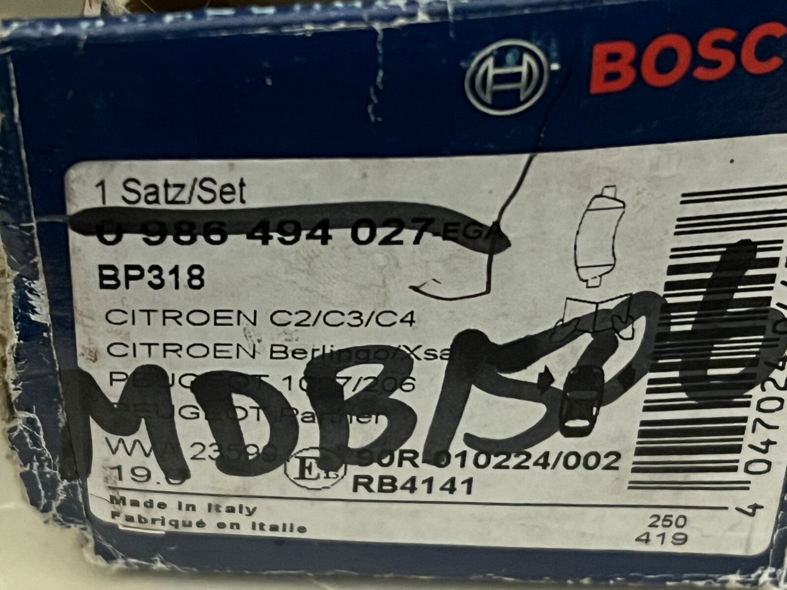 Bosch 0986494027 Brake Pad fits Citroen Peugeot Fiat Vauxhall DS