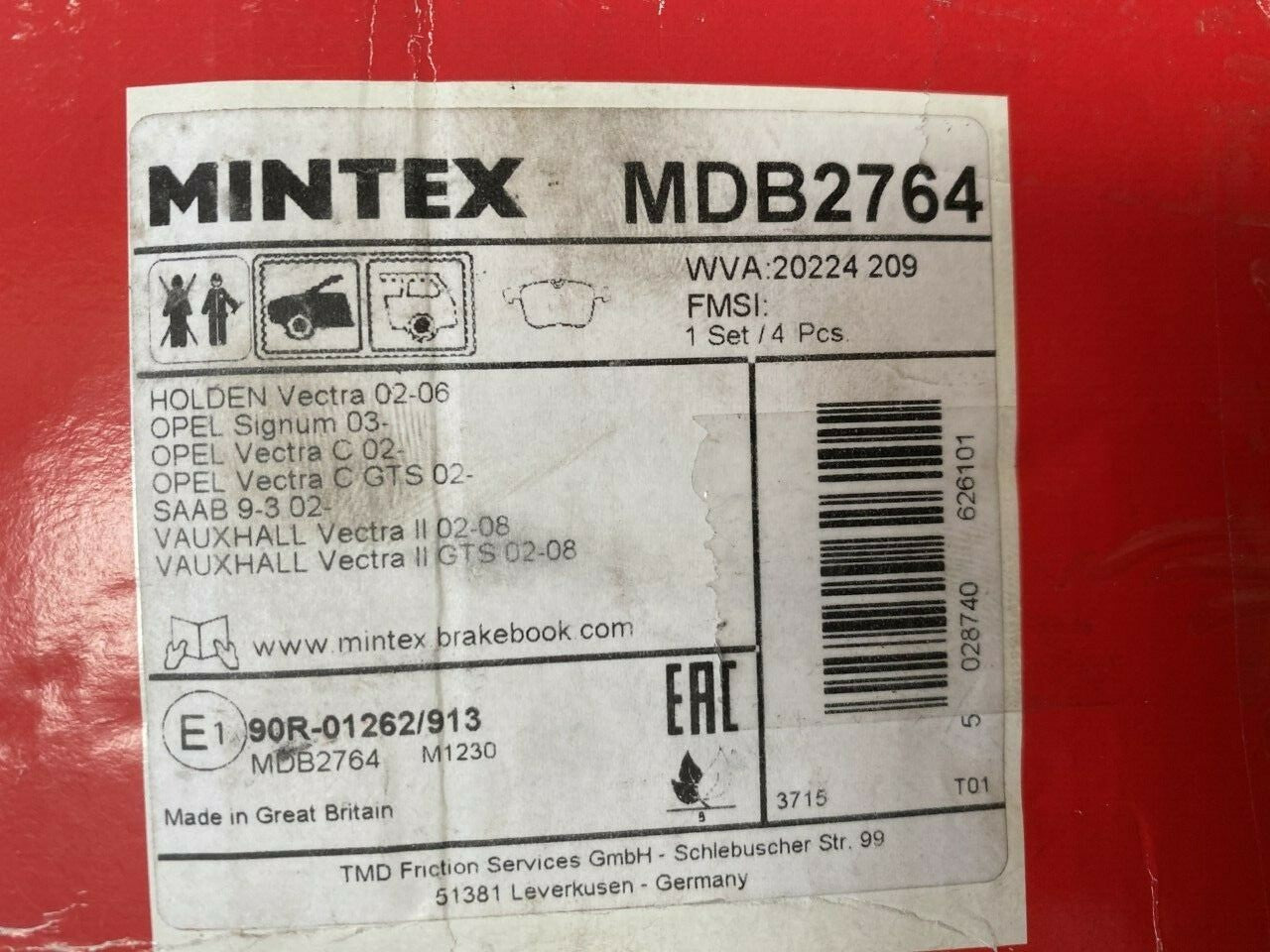 Mintex MDB2764 Front Brake Pad Set fits Cadillac Vauxhall Opel Saab
