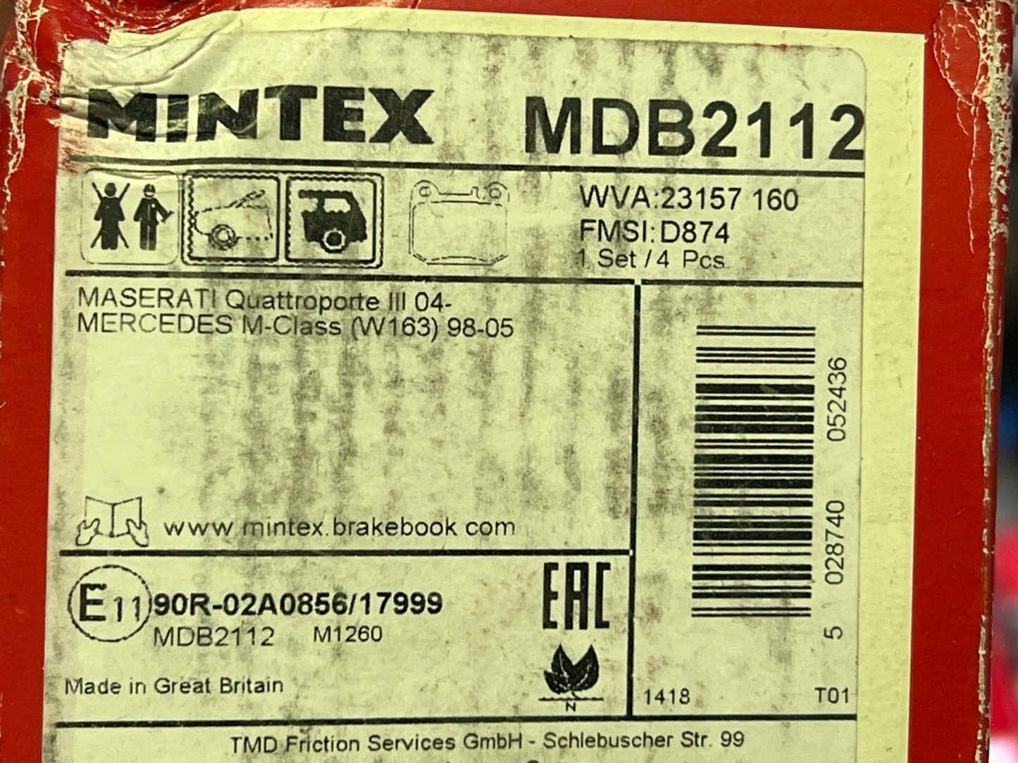 Mintex MDB2112 Rear Brake Pad fits Maserati Quattroporte Mercedes E Class W163