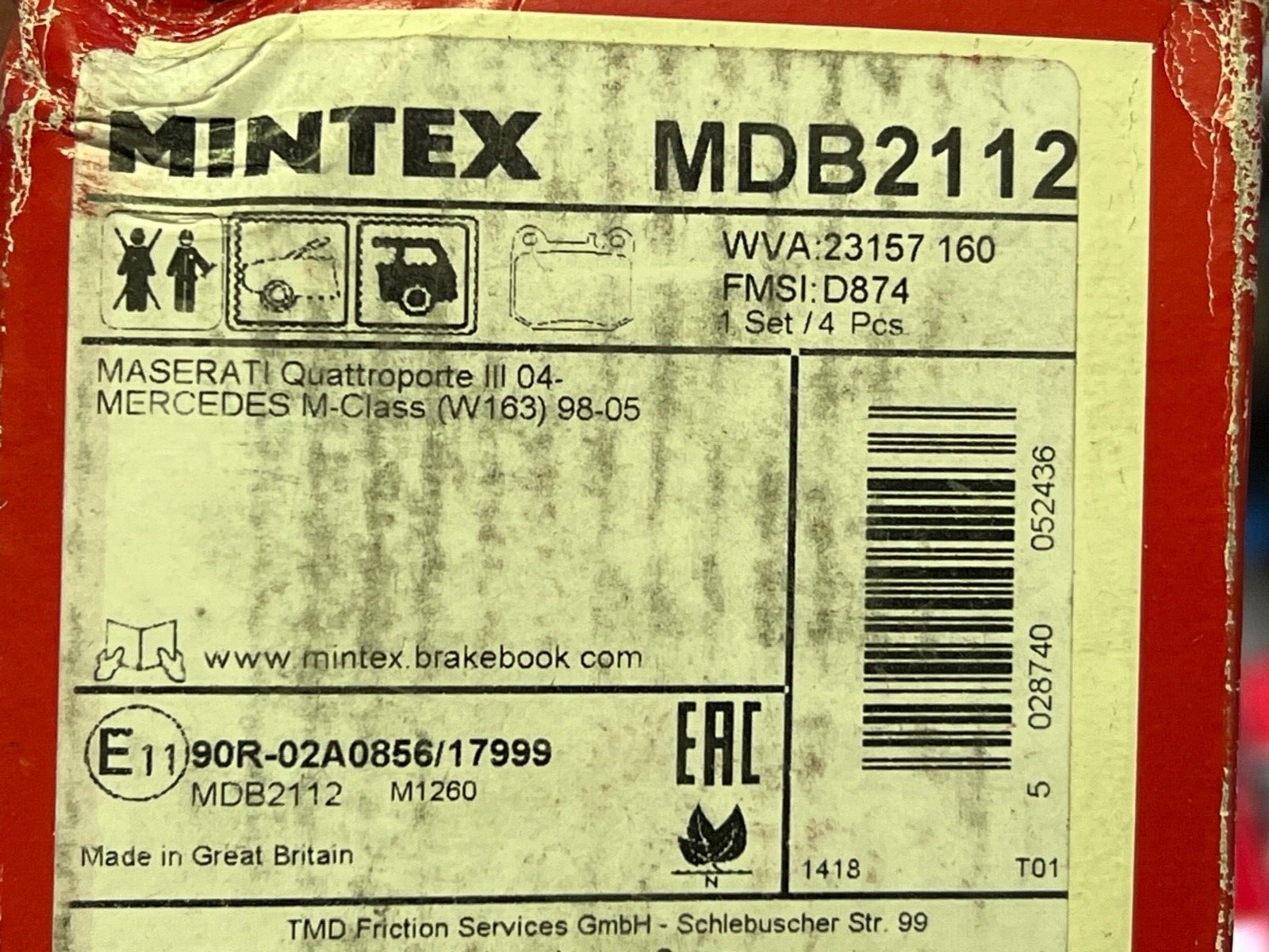 Mintex MDB2112 Rear Brake Pad fits Maserati Quattroporte Mercedes E Class W163