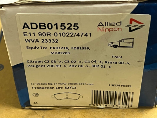Allied Nippon ADB01525 Front Brake Pad fits Citroen DS Peugeot Vauxhall