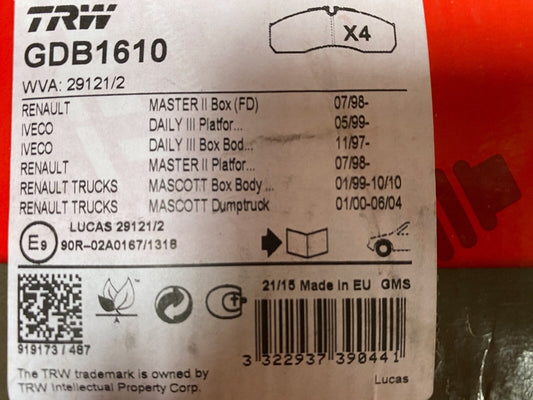 TRW GDB1610 Front Brake Pad Set fits Renault Iveco