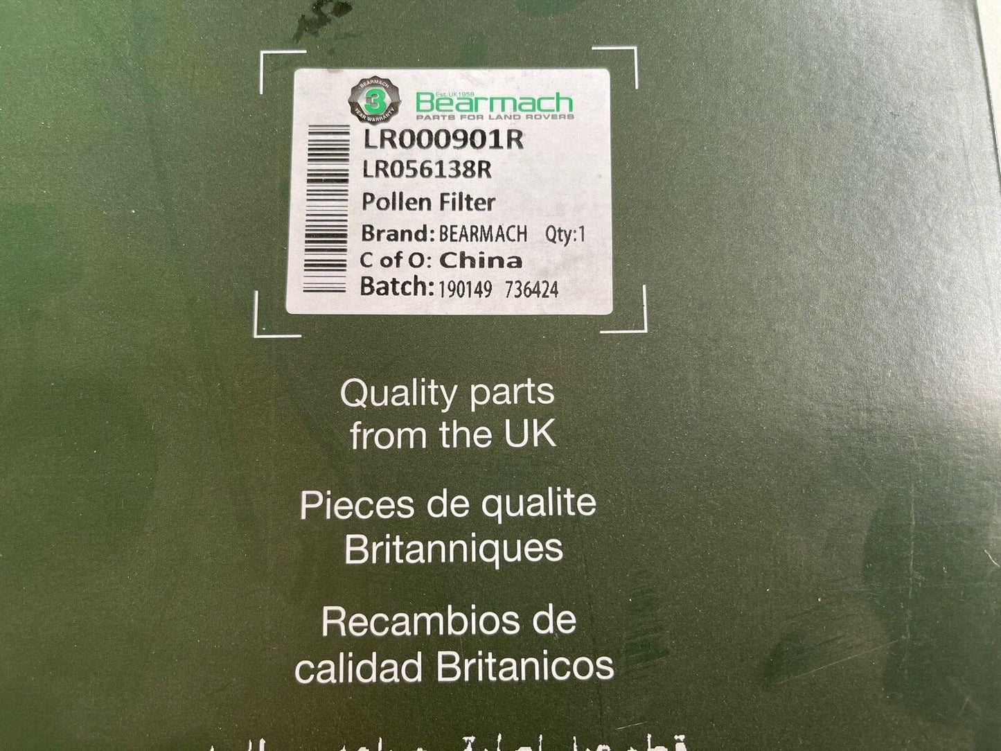 Bearmach LR000901 LR056138R Pollen Cabin Filter fits Land Rover