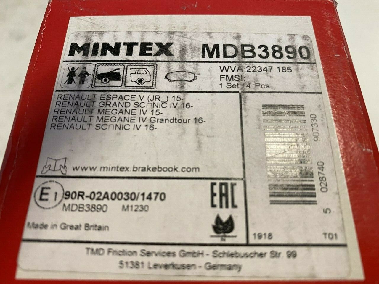 Mintex MDB3890 Front Brake Pad Set fits Renault