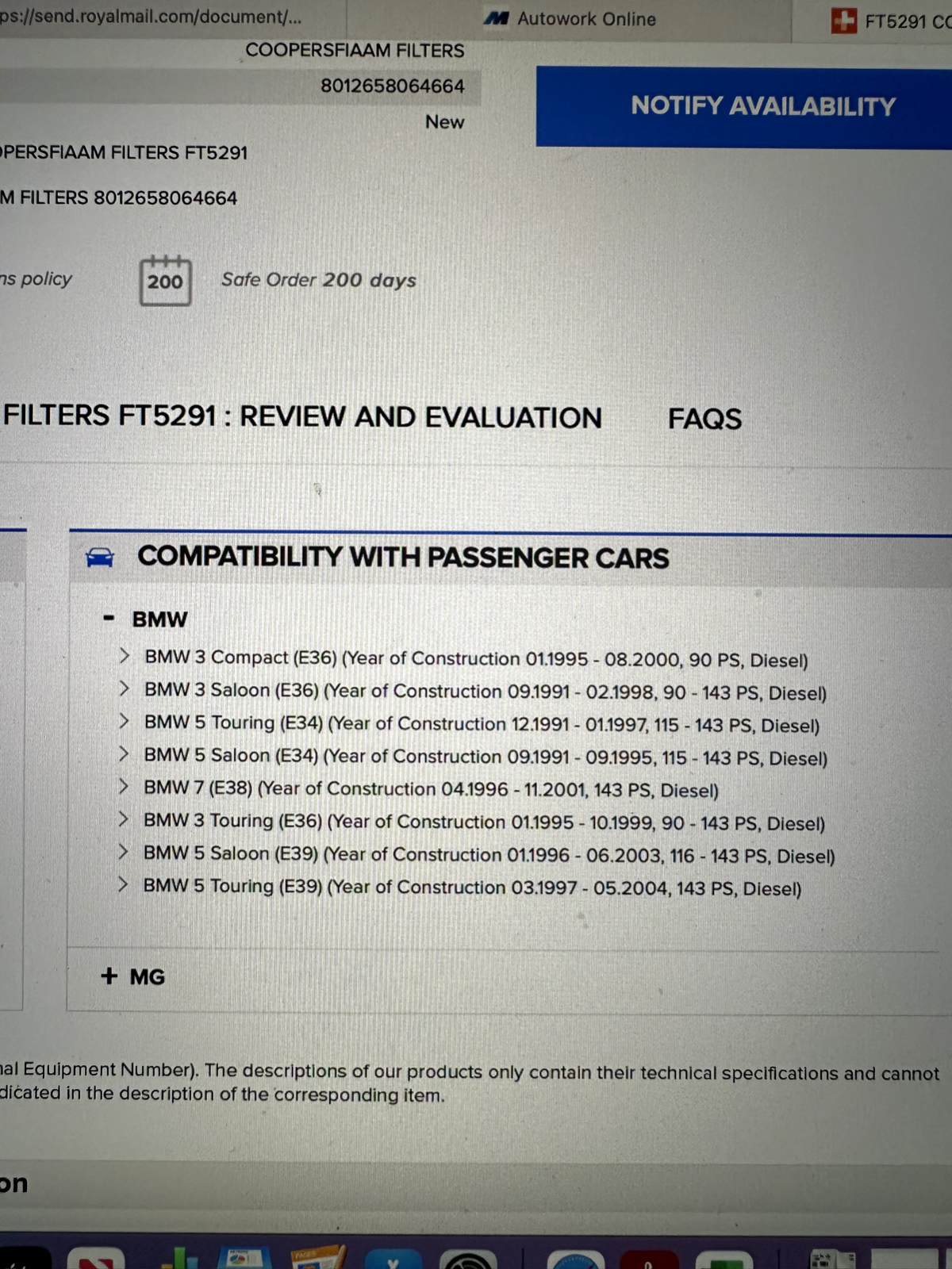 Coopers FIAAM FT5291 Diesel Fuel Filter fits BMW MG