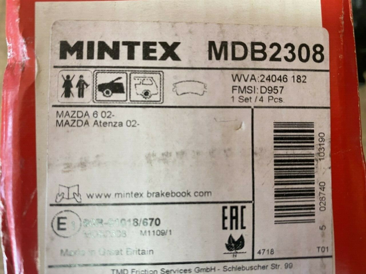 Mintex MDB2308 Front Brake Pad Set fits Mazda