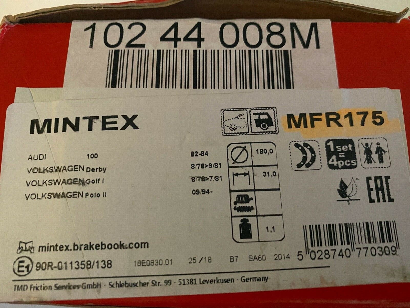 Mintex MFR175 Rear Brake Shoe Set fits Audi VW Seat