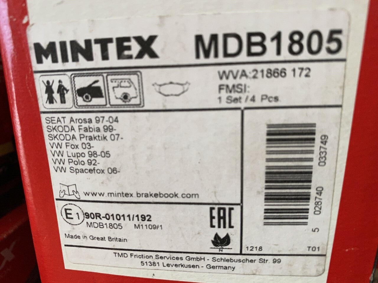 Mintex MDB1805 Front Brake Pad Set fits Seat Skoda VW Volkswagon