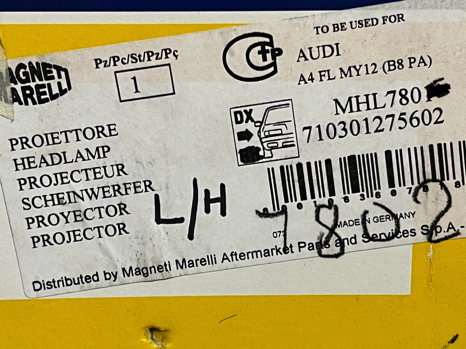 MHL7802 Left Passenger Side Nearside Headlight Headlamp Halogen fits Audi A4