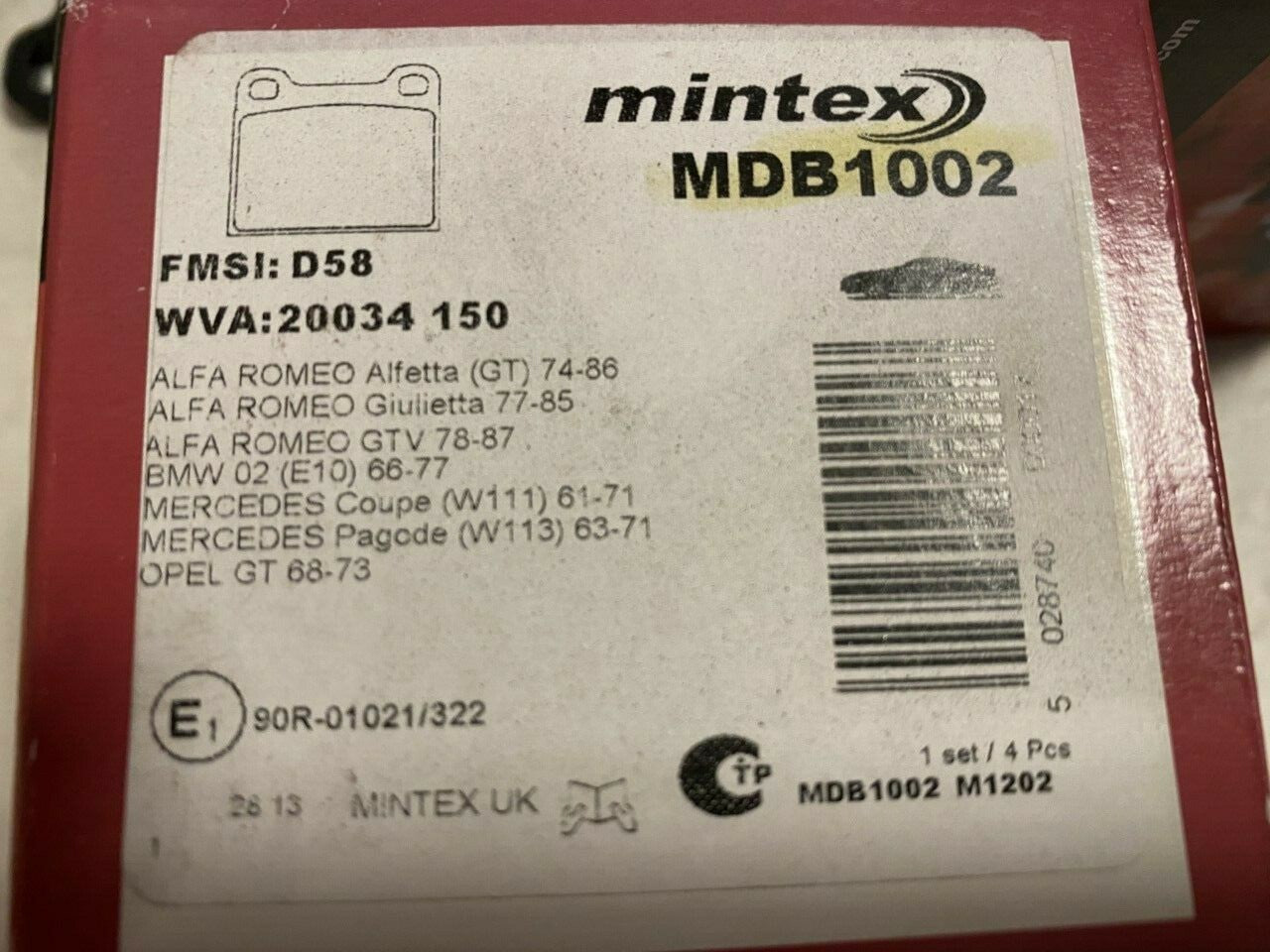 Mintex MDB1002 Front or Rear Brake Pad Set fits Alfa Romeo Talbot