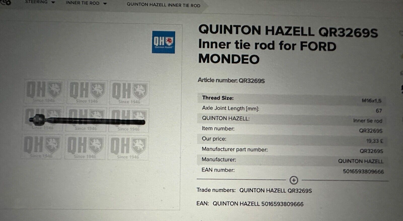 QR3269S QH Inner Rack End fits Ford Mondeo