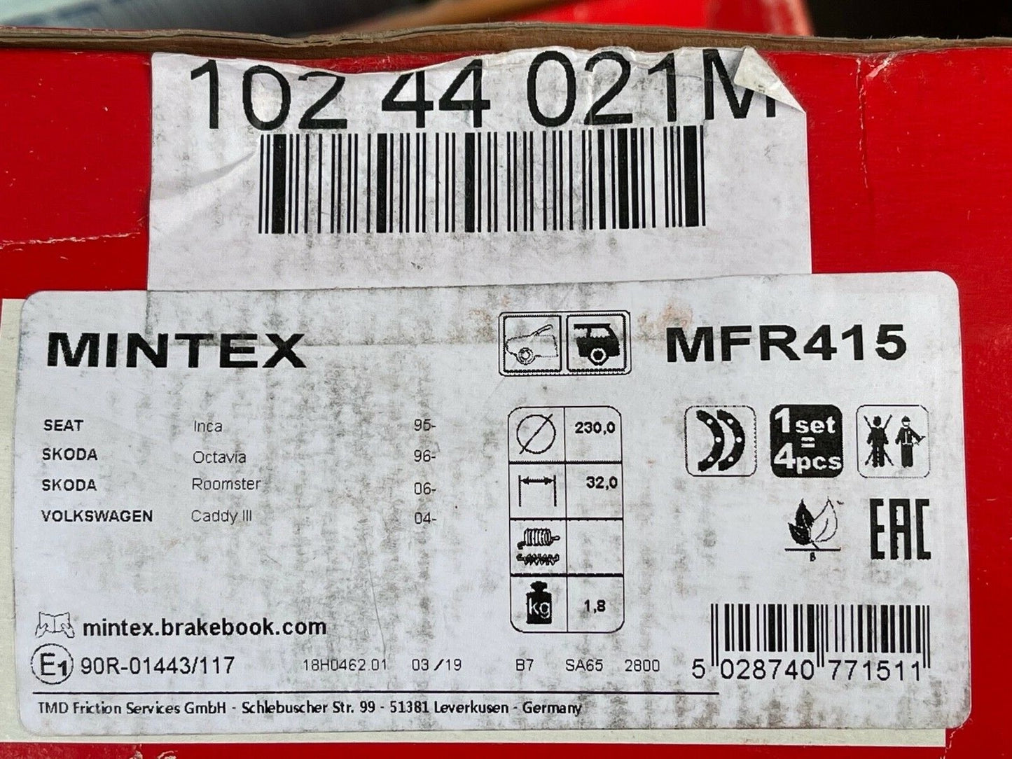 Mintex MFR415 Rear Brake Shoe Set fits Seat Skoda VW