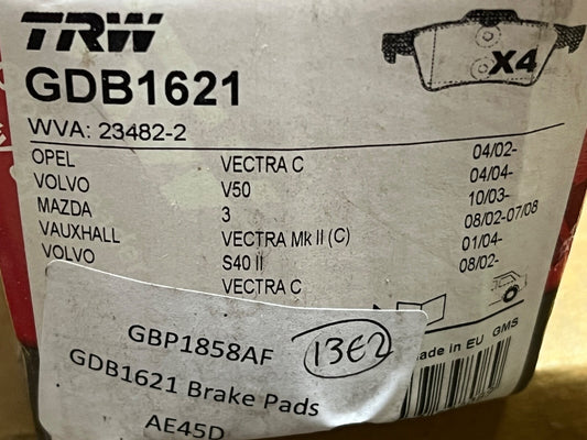 TRW GDB1621 Rear Brake Pad Set fits Vauxhall Vectra C Volvo V50 S40 Mazda 3
