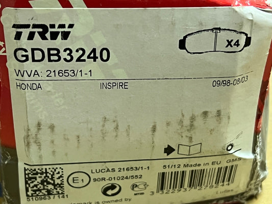 TRW GDB3240 Front Brake Pad fits Honda Inspire Avancier Legend Odyssey Shuttle