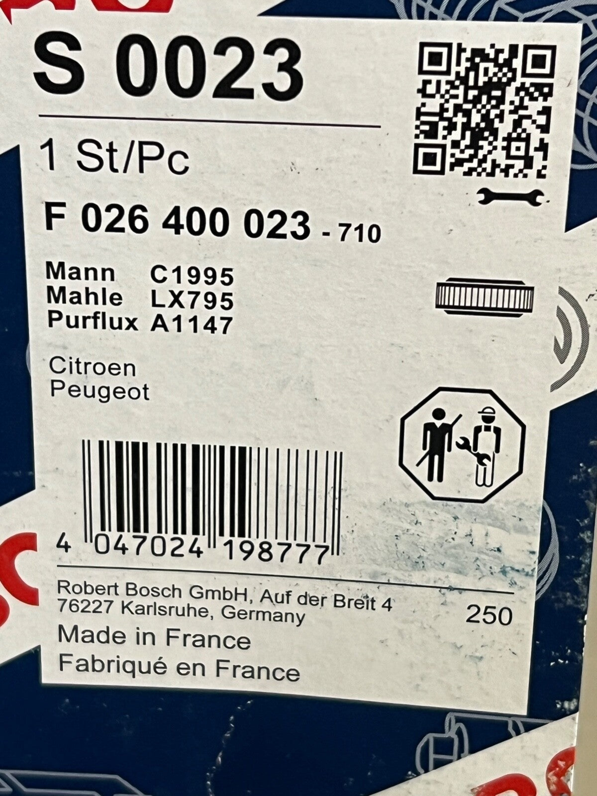 Bosch F026400023 S0023 Air Filter fits Citroen Peugeot