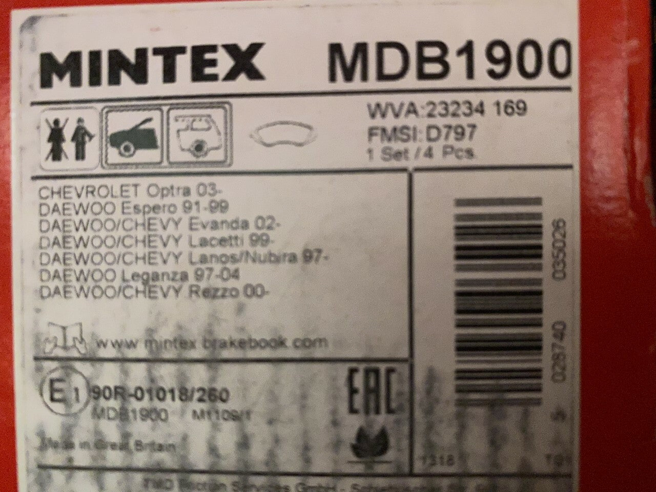 Mintex MDB1900Front  Brake Pad Set fits Chevrolet Daewoo