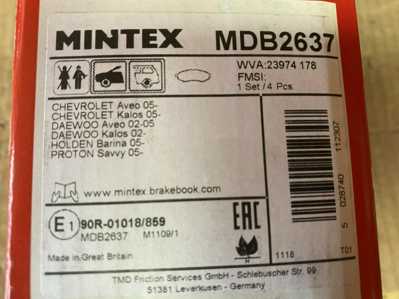 Mintex MDB2637 Front Brake Pad Set fits Chevrolet Daewoo Proton