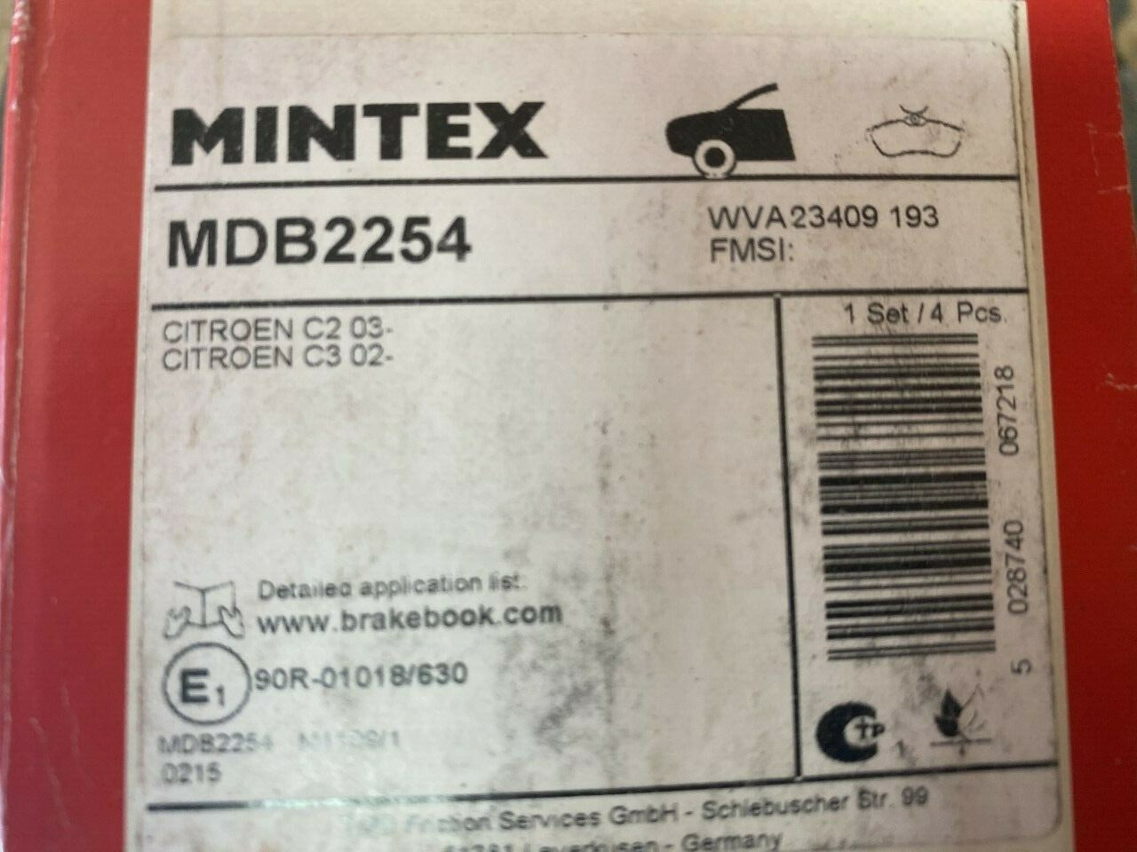 Mintex MDB2254 Front Brake Pad Set fits Citroen