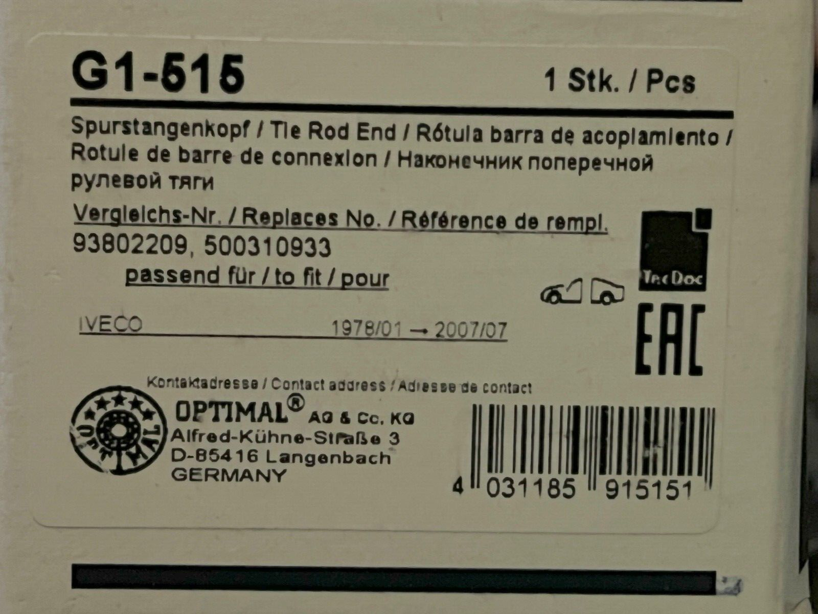 G1-515 Optimal Track Rod End fits Iveco 1978-2007