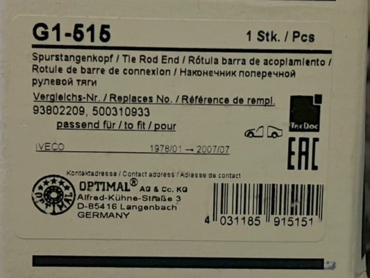 G1-515 Optimal Track Rod End fits Iveco 1978-2007
