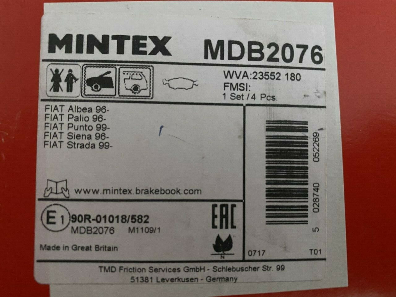 Mintex MDB2076 Front Brake Pad Set fits Fiat