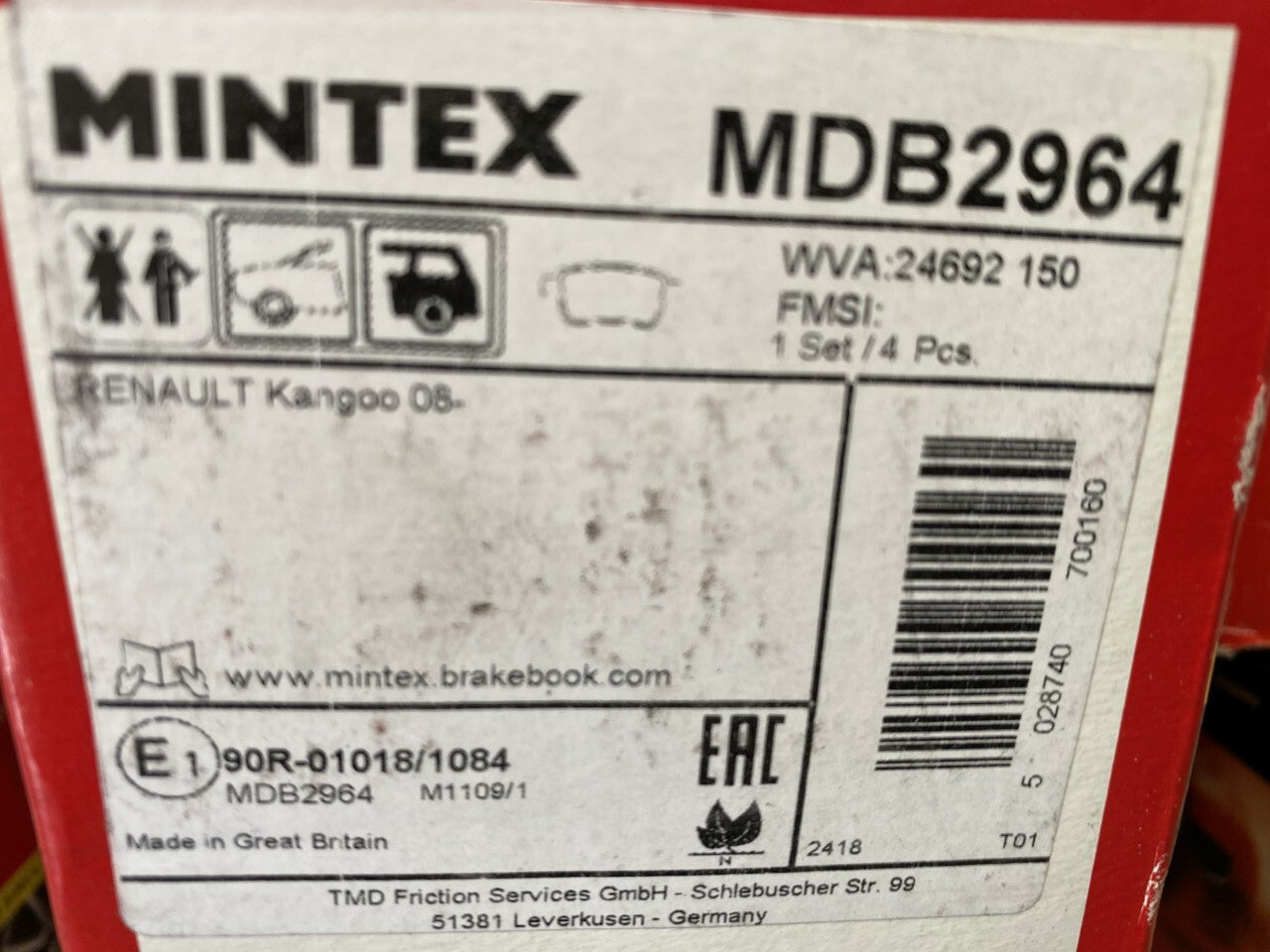 Mintex MDB2964 Rear Brake Pad Set fits Renault