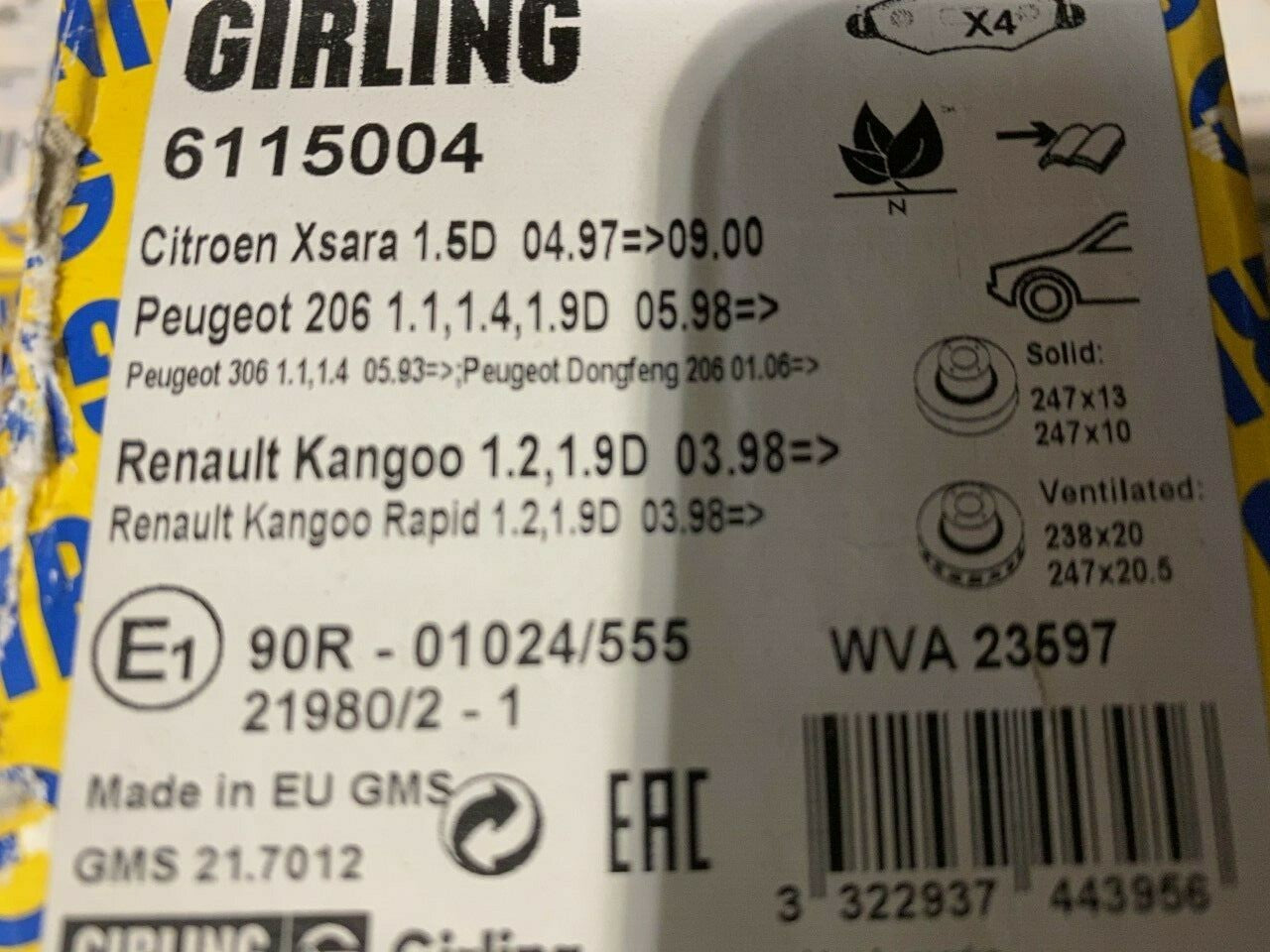 Girling 6115004 BBP1762 Front Brake Pad Set fits Citroen Peugeot Renault