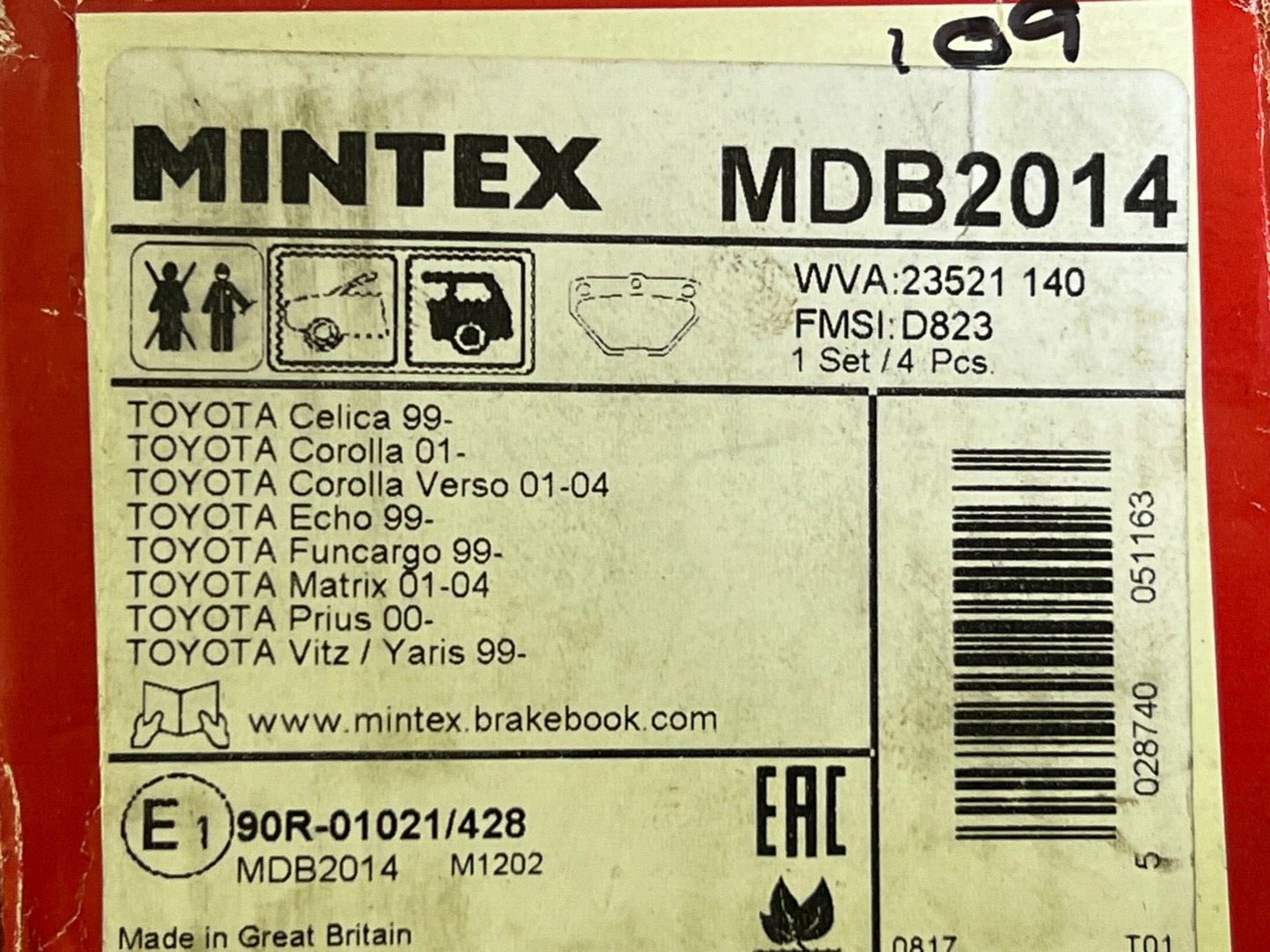 Mintex MDB2014 Rear Brake Pad Fits Toyota Corolla Prius Yaris Echo Celica Matrix