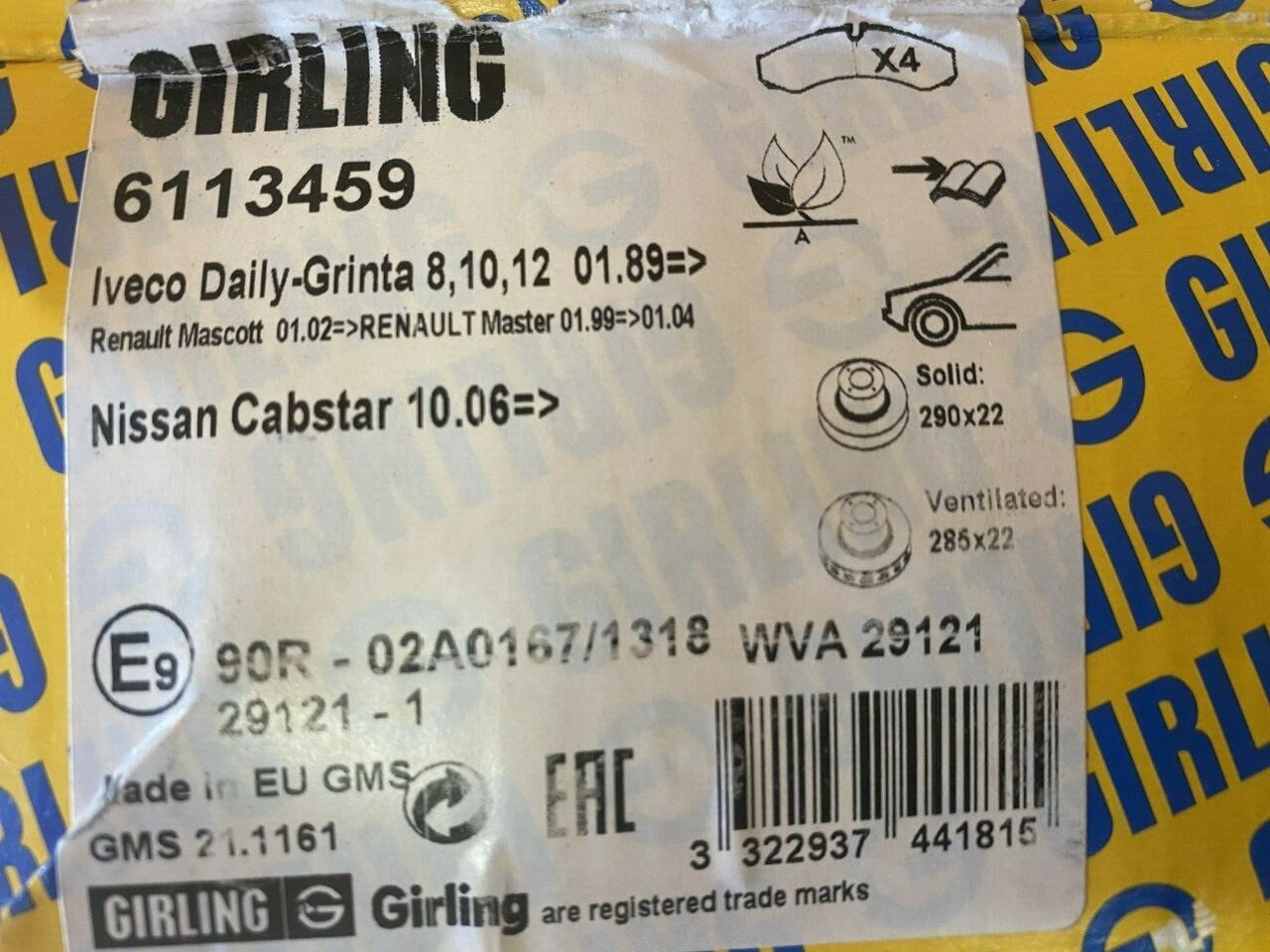 Girling 6113459 0986424833 Front Brake Pad Set fits Iveco