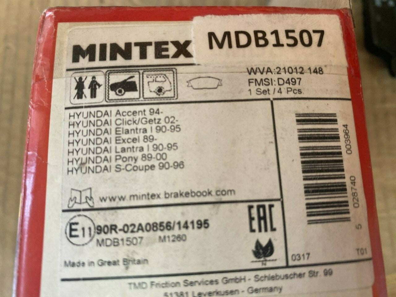 Mintex MDB1507 Front Brake Pad Set fits Hyundai Honda