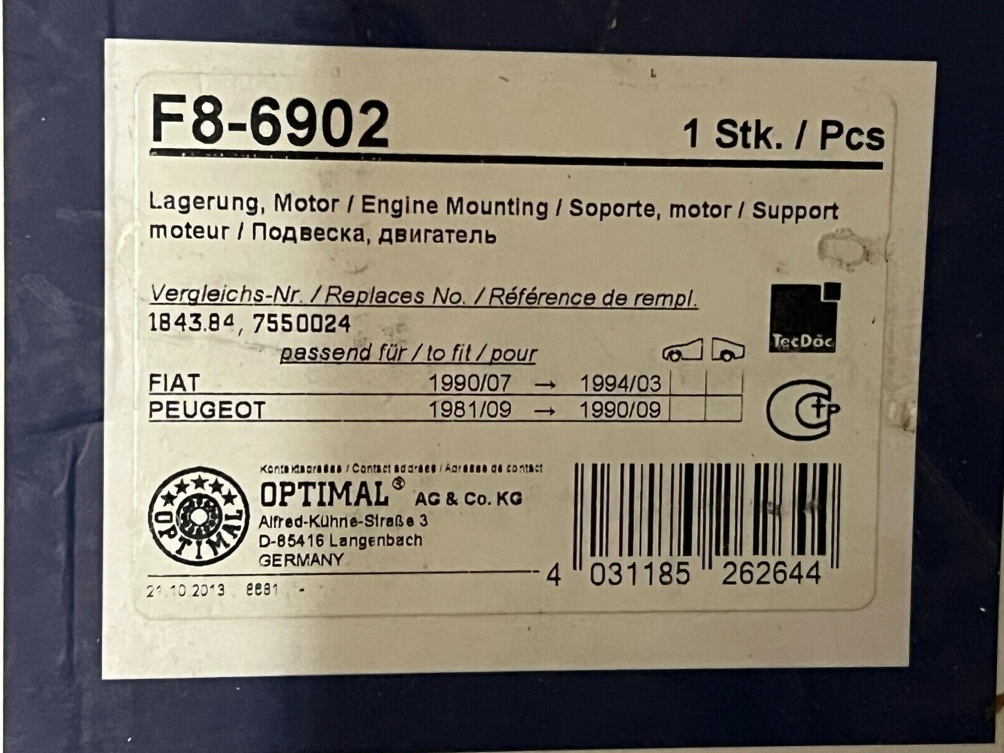 Optimal F8-6902  Engine Mount Fiat Ducato 1990-1994 Peugeot J5 81-90 Citroen C25