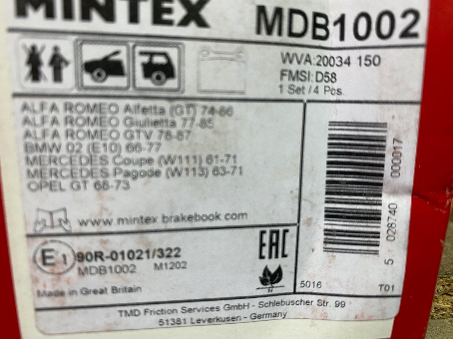 Mintex MDB1002 Front or Rear Brake Pad Set fits Alfa Romeo BMW Mercedes Vauxhall