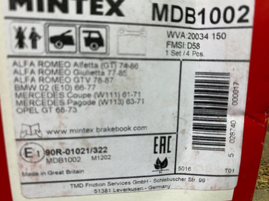 Mintex MDB1002 Front or Rear Brake Pad Set fits Alfa Romeo BMW Mercedes Vauxhall