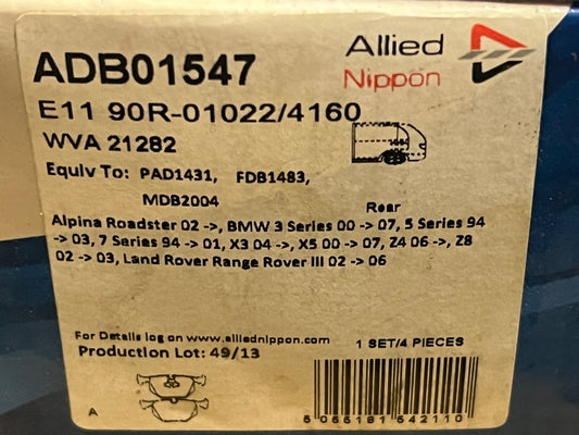 Allied Nippon ADB01547 Rear Brake Pad Set fits BMW Land Rover