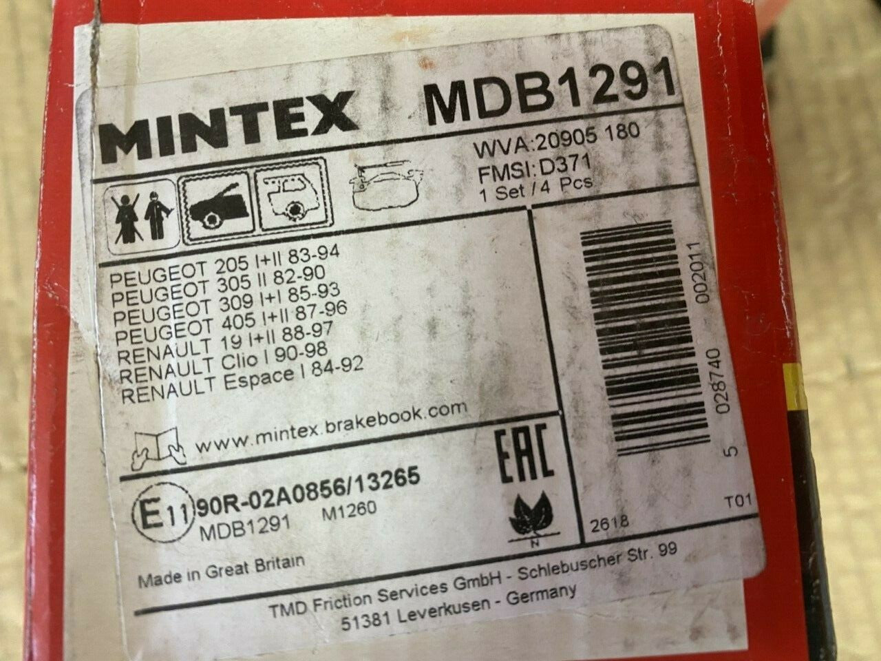 Mintex MDB1291 Front Brake Pad Set fits Peugeot Renault Citroen