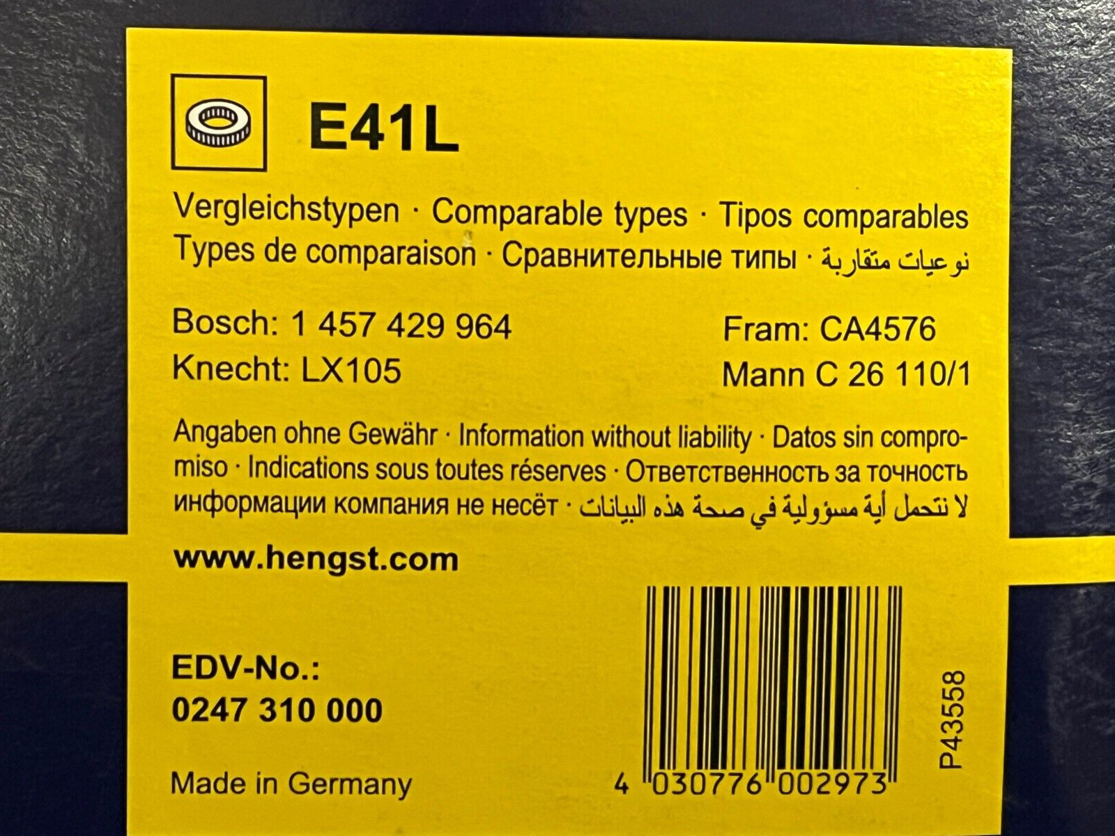 HENGST E41L AIR FILTER fits BMW