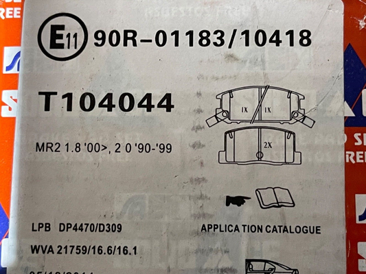 Solid Auto T104044 Rear Brake Pad fits Toyota MR2 1.9 2000 onward  2.0 1990-1999