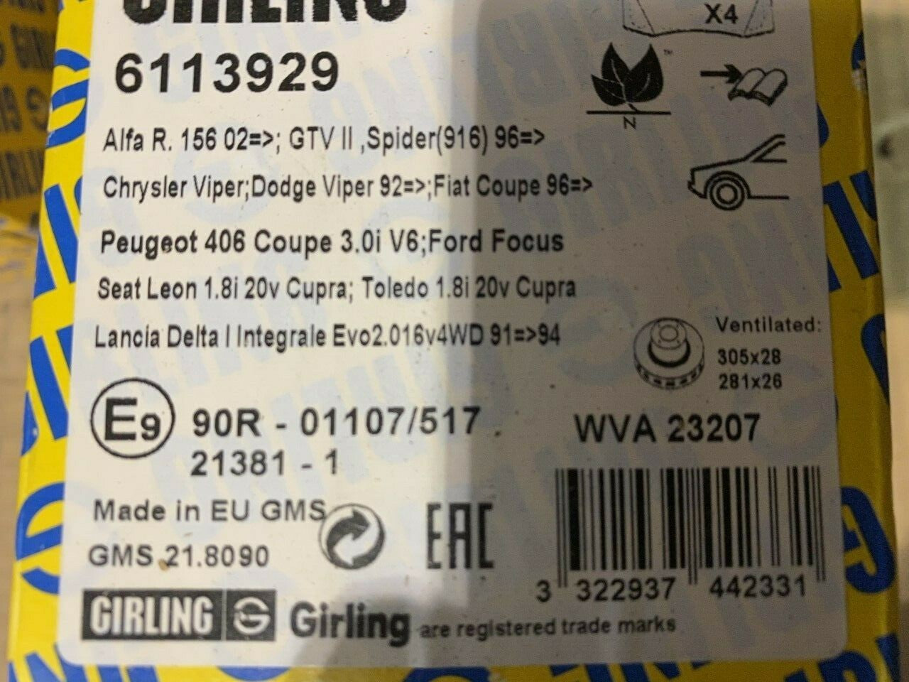 Girling 6113929 MDB1968 Front Brake Pad Set