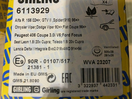 Girling 6113929 MDB1968 Front Brake Pad Set