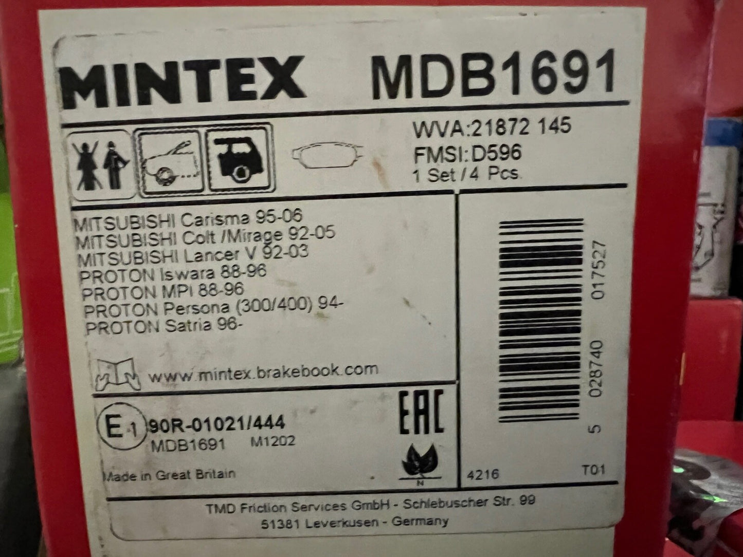 Mintex MDB1691 Rear Brake Pad Set fits Mitsubishi Proton