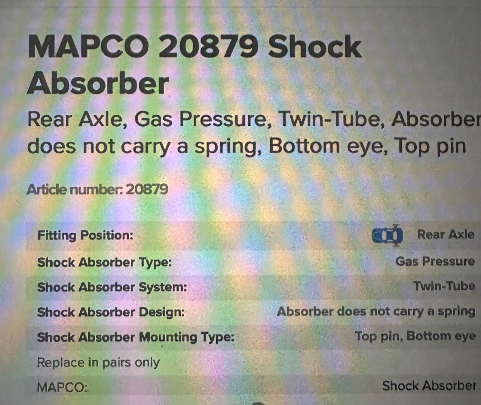 20879 Mapco Rear Shock Absorber fits Smart FourFour Mitsubishi Colt