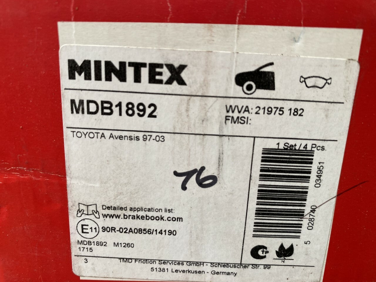 Mintex MDB1892 Front Brake Pad Set fits Toyota