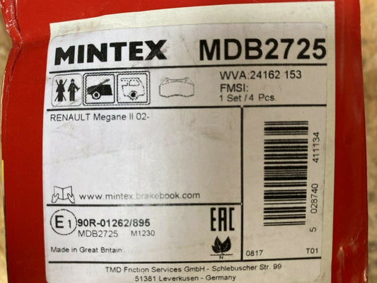 Mintex MDB2725 Front Brake Pad Set fits Renault with Brembo style brakes