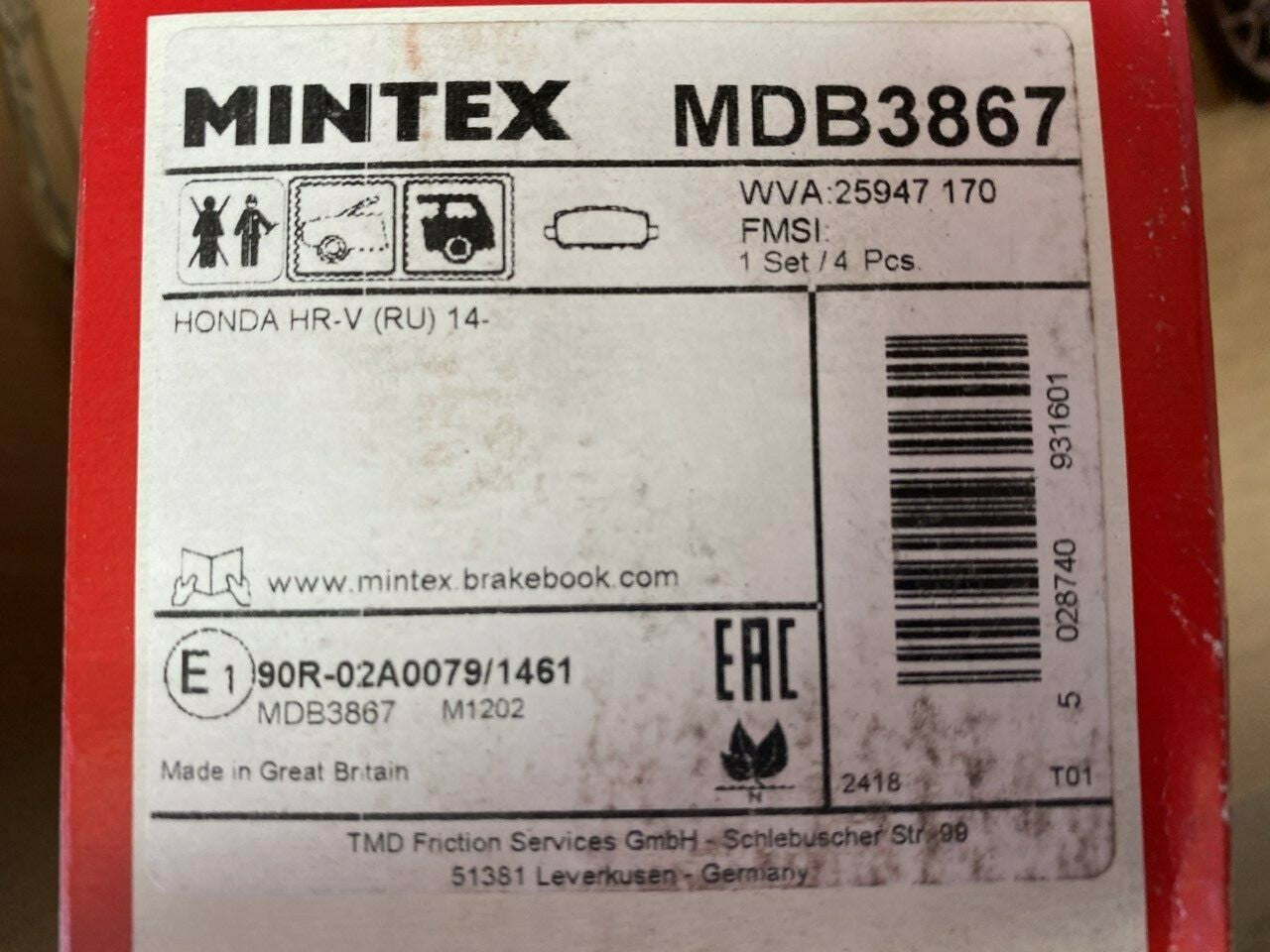 Mintex MDB3867 Rear Brake Pad Set fits Honda