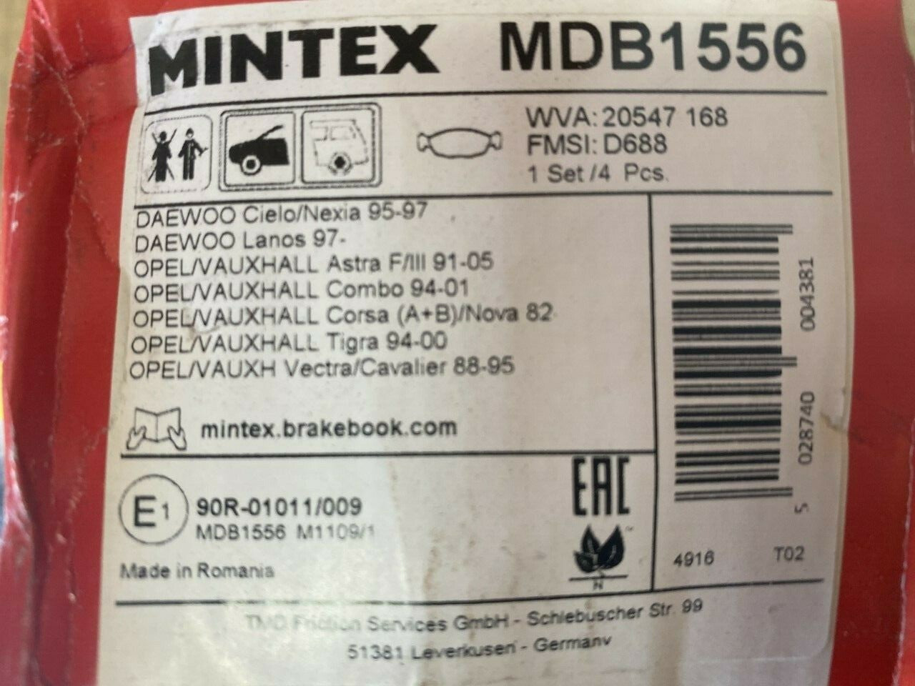Mintex MDB1556 Front Brake Pad Set fits Opel Vauxhall Daewoo Jaguar Daimler