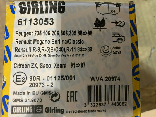 Girling 6113053 BBP1401 Rear Brake Pad Set fits Citroen Peugeot Renault