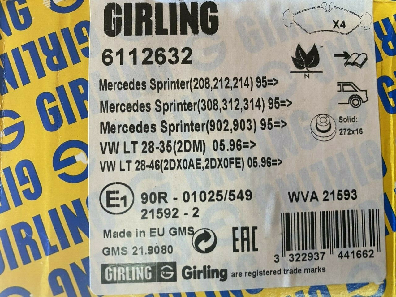 Girling 6112632 MDB3013 Rear Brake Pad Set fits Mercedes VW Volkswagon