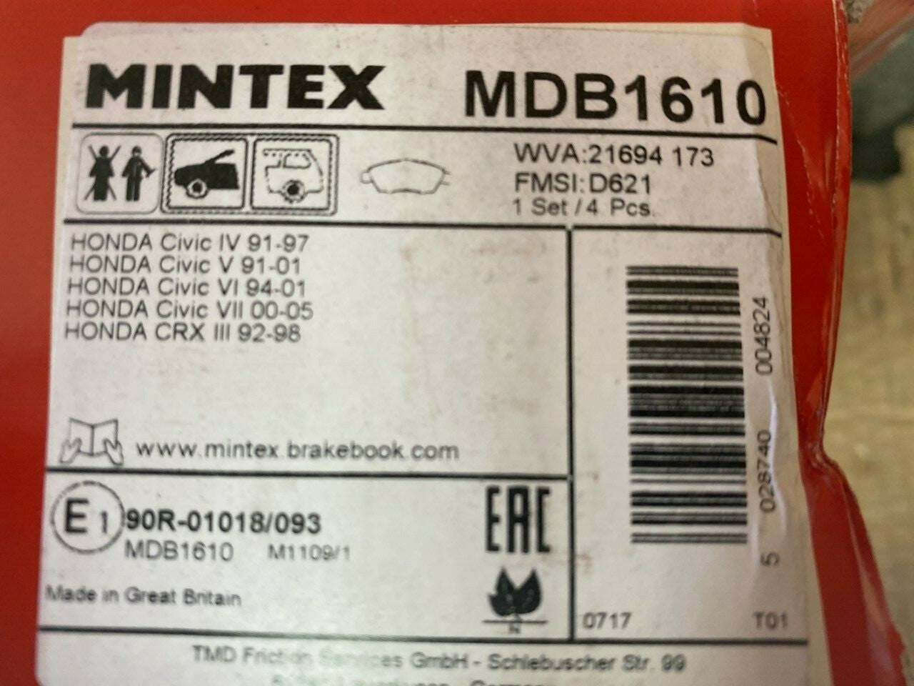 Mintex MDB1610 Front Brake Pad Set fits Honda