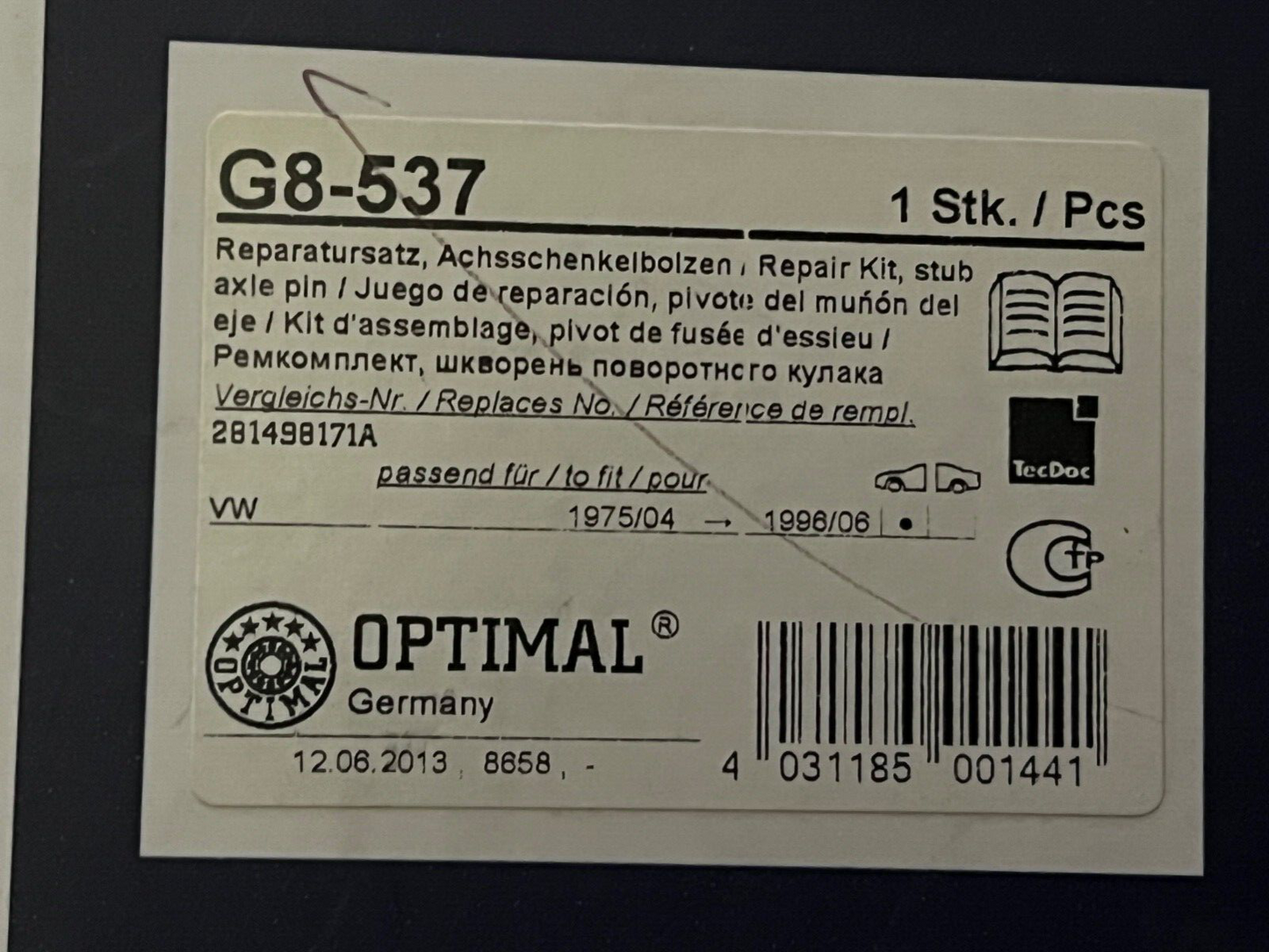 Optimal G8-537 Front King Pin Repair Kit fits VW 1975-1996